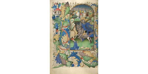 Saint George and the Dragon, about 1450– 55, Master of Guillebert de Mets (Flemish, active about 1410–50).  Tempera colors, gold leaf, and ink on parchment, 19.4 × 14 cm (7 5/8 × 5 1/2 in.).  Getty Museum, Ms.  2 (84.ML.67), fol.  18v