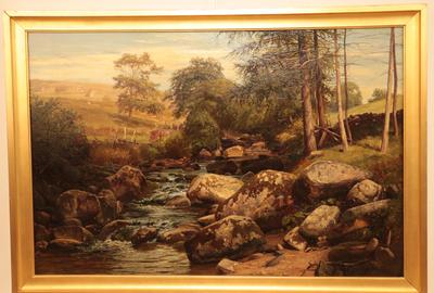 JAMES L ADAMS (BRITISH 1847-1901) BOULDERS ALONG AN ENGLISH STREAM Oil on canvas, 23.25 x 35.25 inches/Signed lower right