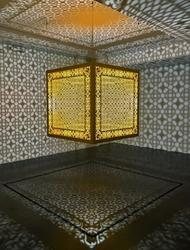 Anila Quayyum Agha, Hidden Diamond - Saffron, 2019, laser-cut, lacquered steel, 48 × 48 × 48 inches/122 × 122 × 122 cm 