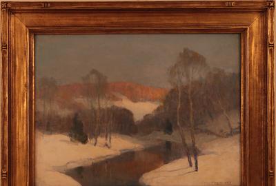 E.  "Bill" Maxwell Albert (1890 - 1955): Winter Landscape with Stream - Oil on board, 11.5 x 15.5 inches/Signed lower right