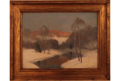 E.  "Bill" Maxwell Albert (1890 - 1955): Winter Landscape with Stream - Oil on board, 11.5 x 15.5 inches/Signed lower right