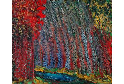 Anders Aldrin, Stand of Trees Over River, circa 1950, oil on canvas, 20 x 24 inches