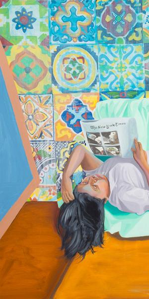 Aliza Nisenbaum (b.  1977) “La Talaverita, Sunday Morning NY Times,” 2016.  Oil on linen, 68 × 88 in.  (172.7 × 223.5 cm).  Courtesy the artist, Anton Kern Gallery and Mary Mary, Glasgow.