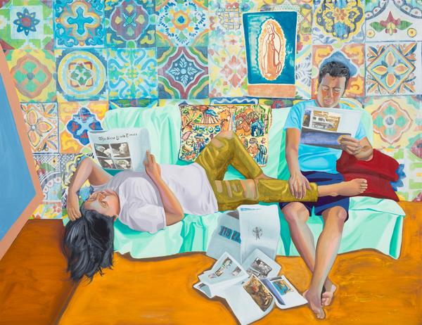 Aliza Nisenbaum (b.  1977) “La Talaverita, Sunday Morning NY Times,” 2016.  Oil on linen, 68 × 88 in.  (172.7 × 223.5 cm).  Courtesy the artist, Anton Kern Gallery and Mary Mary, Glasgow.