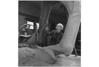 Anna Hyatt Huntington works on an equestrian statue of José Martí (circa 1959).