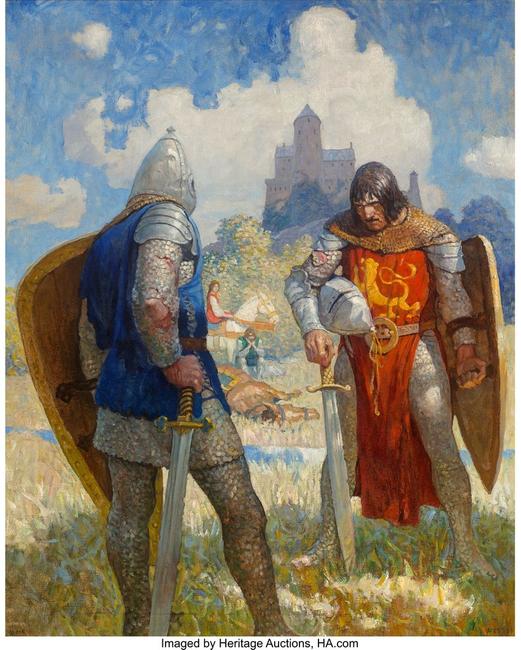 Newell Convers Wyeth (American, 1882 - 1945) "I am Sir Launcelot du Lake, King Ban's son of Benwick, and knight of the Ro und Table," The Boy's King Arthur: Sir Thomas Malory's History of King Arthur and His Knights of the Round Table interior book illustration, 1917.  Oil on canvas, 39 - 1/4 x 31 - 1/4 inches (99.7 x 79.4 cm).  Signed lower right: Wyeth.  Property From The Sordoni Col lection.  Estimate: $800,000 - $1,200,000.