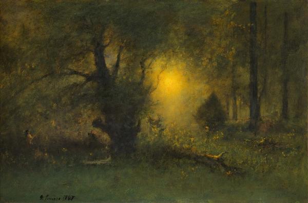 George Inness (American, 1825–1894), Sunrise in the Woods, 1887.  Oil on canvas, 20 x 30 in.  (50.8 x 76.2 cm).  Sterling and Francine Clark Art Institute, Williamstown, Massachusetts.  Gift of Frank and Katherine Martucci, 2013.1.6