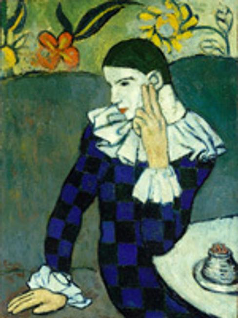 Pablo Picasso (Spanish, 1881–1973).  Seated Harlequin, 1901.  Oil on canvas, lined and mounted to a sheet of pressed cork; 32 3/4 x 24 1/8 in.  (83.2 x 61.3 cm).  The Metropolitan Museum of Art.  Purchase, Mr.  and Mrs.  John L.  Loeb Gift, 1960 (60.87).  © 2010 Estate of Pablo Picasso/Artists Rights Society (ARS), New York.  