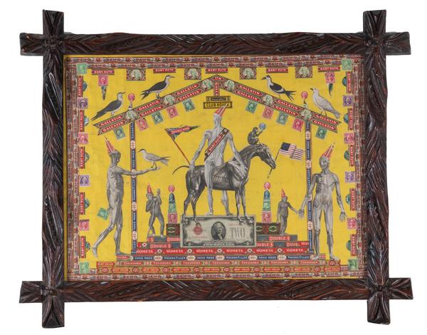  Felipe Jesus Consalvos, Sir Gogiva , c.  1920 - 50, mixed media collage on paper with carved wood frame, 25.50 x 31.50 in, courtesy of Andrew Edlin Gallery, New York