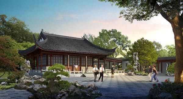 Artist’s rendering of the Flowery Brush Library 筆花書房.  Designed in the style of a scholar’s studio for painting and calligraphy, the Flowery Brush Library is part of an exhibition complex that will feature cultural programs, demonstrations, and displays of Chinese art.  The Huntington Library, Art Collections, and Botanical Gardens.