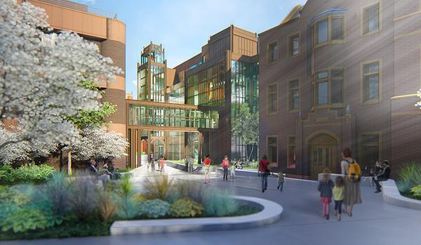 A rebuilt glass bridge between ESC and KGL celebrates entrance to the North Court and entry tower from Sachem’s Wood and the new Yale Science Building with its O.C.  Marsh Lecture Hall.  In front of the bridge many paths cross at a fore-court surrounded by greenery and seating.  (Rendering by Centerbrook Architects and Planners)