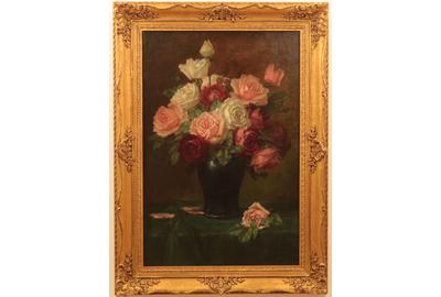 AUGUST HERMANN KRÜGER (GERMAN 1834 – 1908) ( aka H.  Kruger ) ROSES IN A VASE Oil on canvas, 23.25 x 15.50 inches/Signed lower right