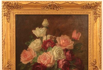 AUGUST HERMANN KRÜGER (GERMAN 1834 – 1908) ( aka H.  Kruger ) ROSES IN A VASE Oil on canvas, 23.25 x 15.50 inches/Signed lower right