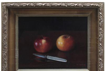 Charles Armor (American 1844 - 1911) Apples with Penknife - Oil on canvas, 7.5 x 9.5 inches / Signed lower right