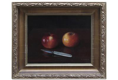 Charles Armor (American 1844 - 1911) Apples with Penknife - Oil on canvas, 7.5 x 9.5 inches / Signed lower right