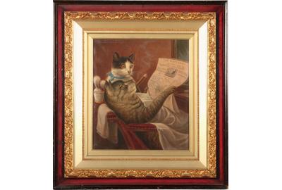 WILLIAM DE LA MONTAGNE CARY (AMERICAN, 1840-1922) ( aka W.M.  Cary ) BARBER SHOP FELINES, 1900 Oil on canvas, 16 x 14 inches / Signed lower left