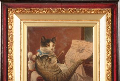 WILLIAM DE LA MONTAGNE CARY (AMERICAN, 1840-1922) ( aka W.M.  Cary ) BARBER SHOP FELINES, 1900 Oil on canvas, 16 x 14 inches / Signed lower left