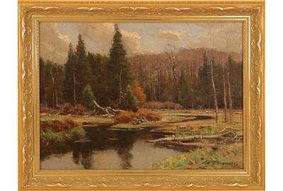 Frank A.  Barney (American, 1862 – 1954): Impression of Fir Trees - Oil on canvas, 11.5 x 15.5 inches/Signed lower right 