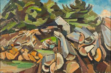 'Landscape with Woodchopper', c.1939.  Oil on canvas, 24 x 36 inches.