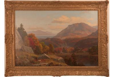 Benjamin F.  Hawley (American, early 20th century) ( aka B.  F.  Hawley ) fall landscape - Oil on canvas, 25 x 37.5 inches / Signed lower left