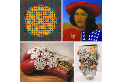 Clockwise from top: Keith Gamache, COVID-19 Vol.  1: Social Distancing, 2020, Vinyl acrylic on Masonite pegboard; Leeanna Chipana, American Woman, 2021, oil on board; Lauren Skelly Bailey, Wards Up, 2021, glazed ceramics and pigments; Alisa Shea, A Feminine Touch, 2021, transparent watercolor.