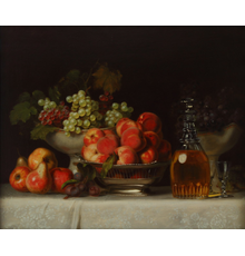 Charles Bird King (American, 1785 – 1862), Grapes, Peaches, Pears, with Decanter, ca.  1815-25, oil on canvas, 25 x 30 inches