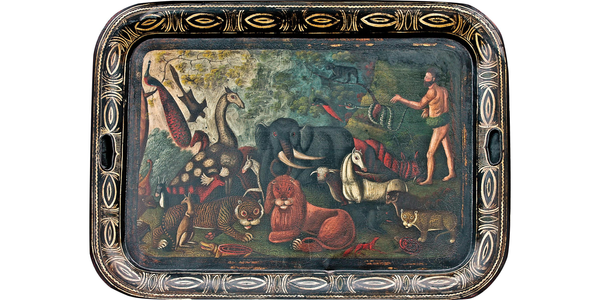 "Adam Naming the Animals," antique oil painting on tin tray.  30” x 22”.  From Diana H.  Bittel Arts & Antiques.  