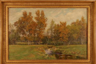 Olive Parker Black (American 1868 – 1948) ( aka Olive P Black ): Fall Landscape with Creek - Oil on canvas, 23.25 x 35.25 inches/Signed lower left