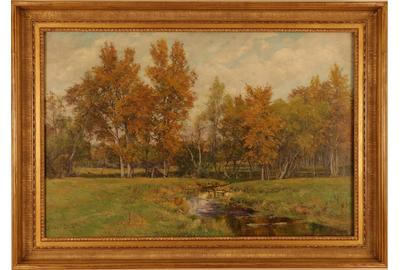 Olive Parker Black (American 1868 – 1948) ( aka Olive P Black ): Fall Landscape with Creek - Oil on canvas, 23.25 x 35.25 inches/Signed lower left