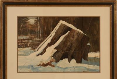 Allen Blagden (American, b.  1938): Stump in Snow - Watercolor, 14.63 x 21.88 inches/Signed lower right