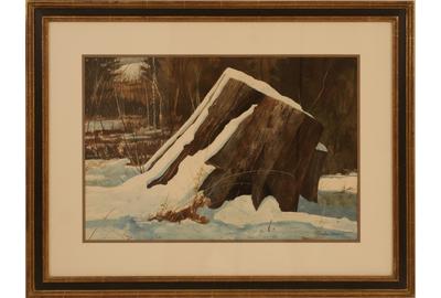 Allen Blagden (American, b.  1938): Stump in Snow - Watercolor, 14.63 x 21.88 inches/Signed lower right