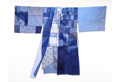 Chunghie Lee Nameless Women, Blue Durumagi 2001-2005 56″ x 68″ silk, bojagi construction, machine stitching, photo image silk screenprinting.  