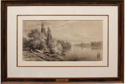 John Ross Key (American 1837 – 1920) Boating on the Potomac Charcoal on paper, 11 x 19 inches / Signed lower left