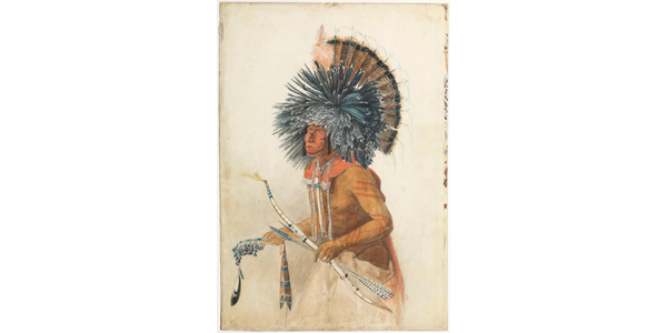 Karl Bodmer (Swiss, Riesbach 1809–1893 Barbizon).  Péhriska-Rúhpa, Hidatsa Man, 1834.  Watercolor and graphite on paper, 17 1/8 x 11 15/16 in.  Joslyn Art Museum, Gift of the Enron Art Foundation (1986.49.275) 