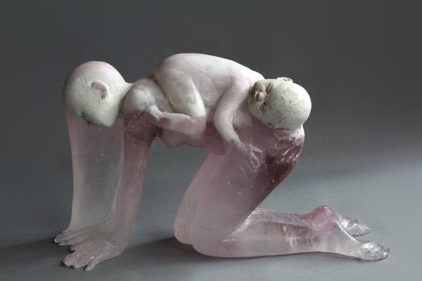 Christina Bothwell, MOTHER AND CHILD, 2020, cast glass/clay/oil paint, 18 x 27 x 6 in.  © Heller Gallery