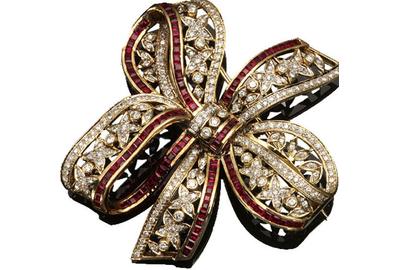 A 14-Karat Yellow-Gold, Ruby and Diamond 'Bow-Knot' Brooch