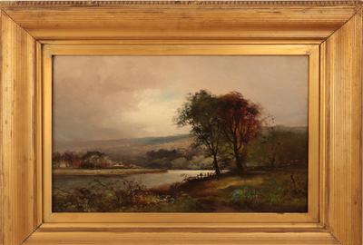 Frank Bromley (American 1859 – 1890) ( aka Frank Clark Bromley, Frank C Bromley ): Fishing Spot - Oil/canvas 13.75 x 21.75 inches/Signed lower right 