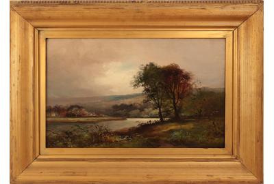 Frank Bromley (American 1859 – 1890) ( aka Frank Clark Bromley, Frank C Bromley ): Fishing Spot - Oil/canvas 13.75 x 21.75 inches/Signed lower right 