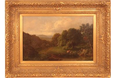 William Mason Brown (1828 - 1898): Landscape with Cabin - Oil on canvas, 18 x 24 inches/Signed lower center