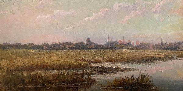 Felix F.  de Crano (French-American, 1839-1908) Marshes and St.  Augustine Skyline, 1893.  Oil on Board.