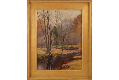 Edmund Elisha Case (American 1844 - 1919): Fall Beeches - Oil on canvas, 23.25 x 17.5 inches/Signed lower right