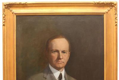 Horace Robbin Burdick (American 1844 – 1942) ( aka H.R.  Burdick, Horace R Burdick ): Calvin Coolidge - Oil on canvas, 30 x 24.5 inches / Signed lower left