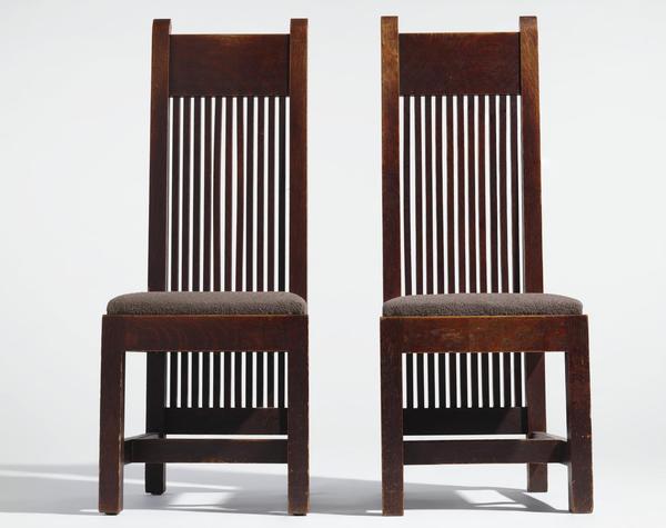 FRANK LLOYD WRIGHT (1867-1959) Two Important Chairs from the Ward W.  Willits House, Highland Park, Illinois, circa 1902 executed by John W.  Ayers, Co.  stained white oak, fabric upholstery.