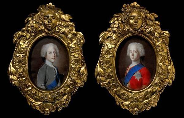 Left: Prince Henry Benedict Stuart 1725-1807 and Right: Prince Charles Edward Stuart 1720-1788 by Jean-Etienne Liotard c.1736-8, watercolour and gouache on vellum, 7.4cm high by 5.5cm wide (excluding frame) 