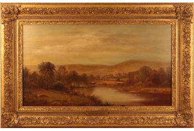 Charles Wilson Knapp (American 1823 – 1900) ( aka Charles W.  Knapp, C.  W.  Knapp ): Pastoral Landscape - Oil on canvas, 18 x 32 inches/Signed lower left