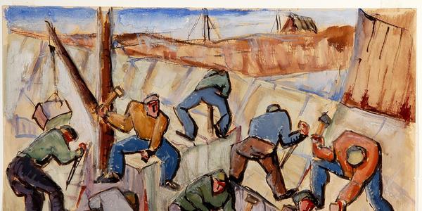 Men Working in Granite Quarry, Cape Ann, by Abraham Frater Levinson (American, 1883 - 1946) ca.  1935.  Watercolor with graphite on tan wove paper.  Gift of Velma Mekeel Stauffe.