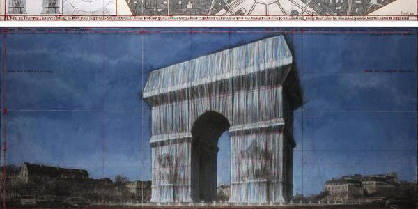 Christo, L'Arc de Triomphe, Wrapped (Project for Paris) Place de l'Etoile – Charles de Gaulle.  Drawing 2019 in two parts.  Pencil, charcoal, pastel, wax crayon, enamel paint, architectural and topographic survey, hand-drawn map on vellum and tape.  15 x 96" and 42 x 96" (38 x 244 cm and 106.6 x 244 cm).