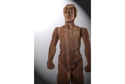 Charles Jarm (1932-2021); Untitled (Large Standing Man); Carved wood, graphite; Circa: 1970; Size: 72" overall height