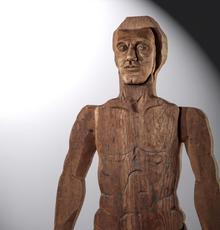 Charles Jarm (1932-2021); Untitled (Large Standing Man); Carved wood, graphite; Circa: 1970; Size: 72" overall height