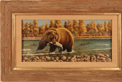 GUY COHELEACH (AMERICAN BORN 1933) BROWN BEAR CATCHING SALMON Oil on board, 5.5 x 11.25 inches/Signed lower left